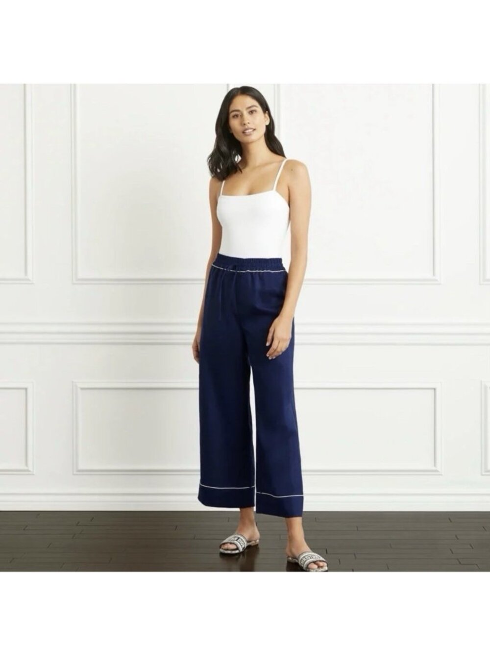NWT HILL HOUSE The Skylar Navy Blue Linen Wide Leg High Rise Pants Size Medium